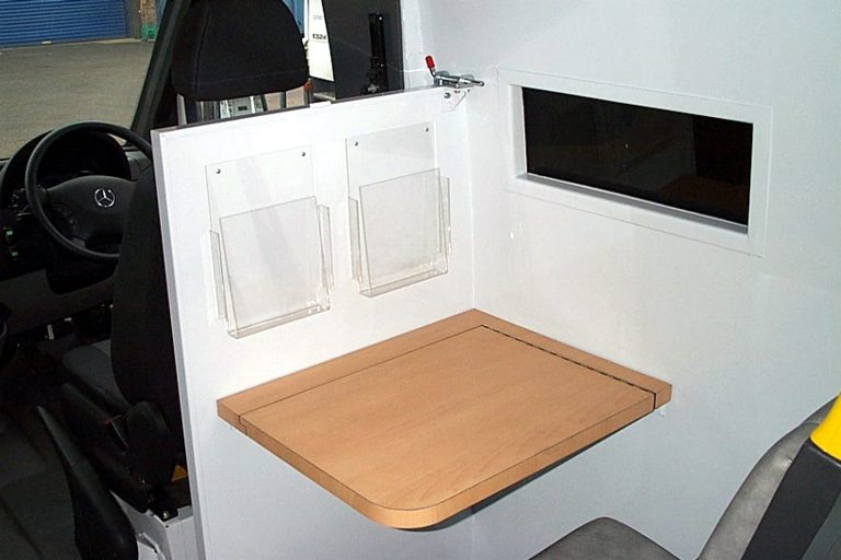 Mobile incident command vehicle showing small desk