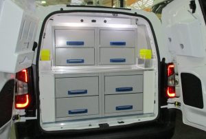 veterinary ambulance with doors open to show the effect of the interior lights