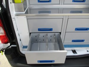 medicine and equipment storage drawers in an Animedix animal welfare vehicle