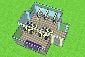 plan view of a portable building with two extensions and fitted out with office furniture