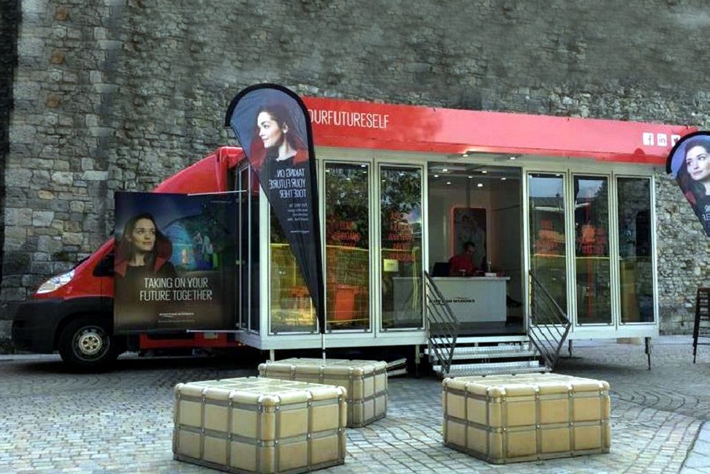5.5 metre exhibition vehicle with a glazed extension welcoming to visitors