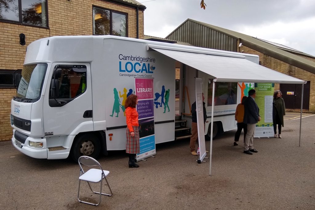 exterior of a large former mobile library which has been converted into an outreach vehicle to provide community support in Cambridgeshire