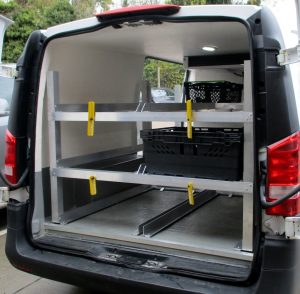 metal racking inside of a small van