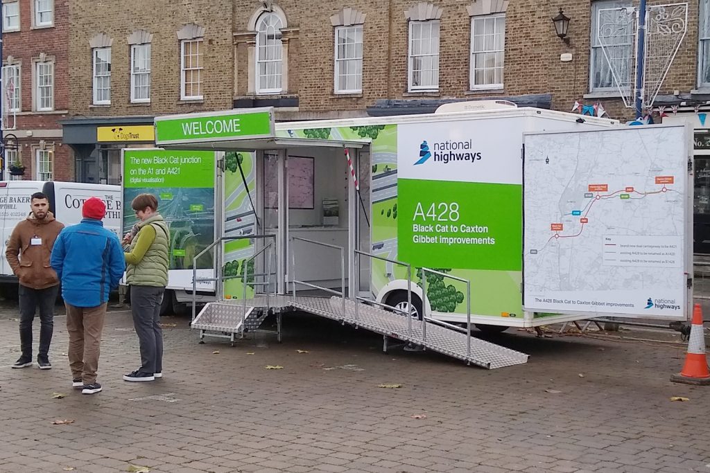 Highways roadshow truck in St Neots market square with entrance platform and ramp