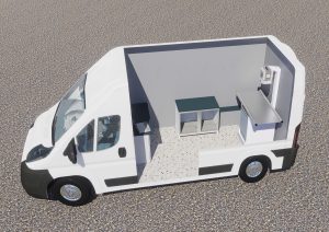 cutaway drawing showing interior of a veterinary practice vehicle