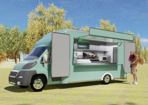 mobile business idea in the form of a catering van or food truck showing a side opening counter with swing out panels