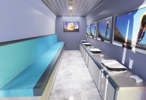 Mobile gaming van visula showing seating and screens