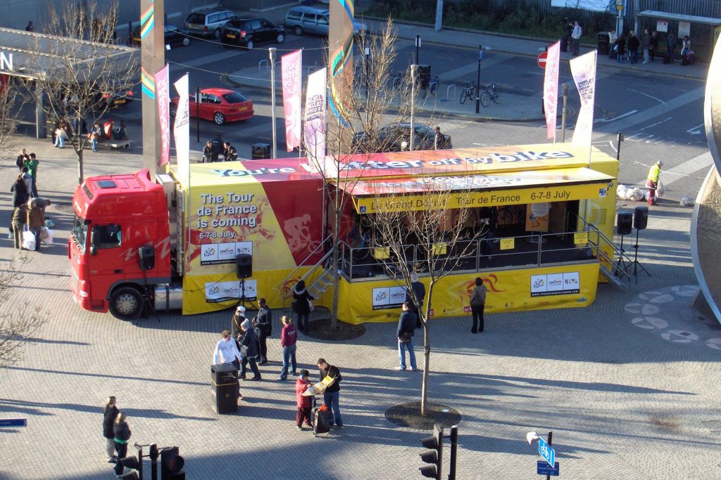 THis articulated trailer conversion features a hinge up canopy and fold down stage and is used as a multi purpose roadshow vehicle.