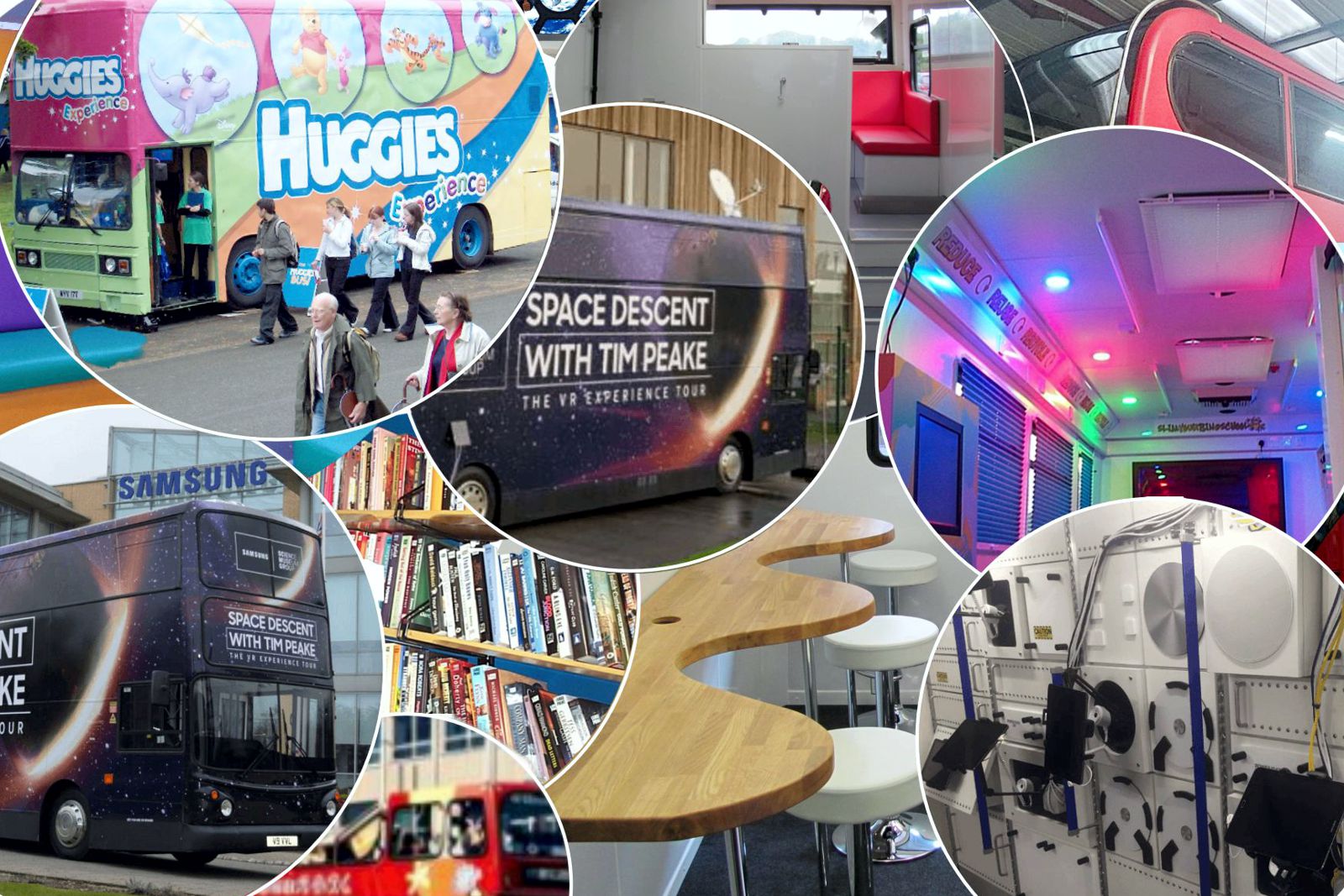 A montage of photographs showing a total of 11 double deck bus conversions including both exterior and interior views.