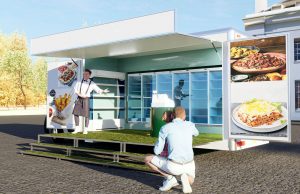 A street food van design for self service chilled foods. It features a hinge down platform protected by a hinge up canopy. Two hinged swing out display panels display menus and photogrphs of food.