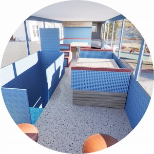 A 3D computer generated drawing to assist a client visualise the upper deck of a double deck bus conversion showing seating and tables. The windows are clear and show woodland and a building in the background.