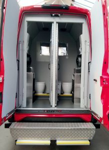 the rear of one of our incident response vehicles showing two toilet cubicles to provide welfare facilities on the site of an incident