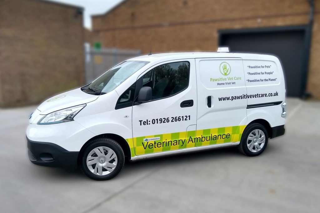 A nissan electric van seen from the nearside and fitted out as a mobile home visit veterinary vehicle. One of many electric vans converted by MVTech