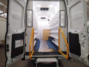 Interior of a van based mobile library.