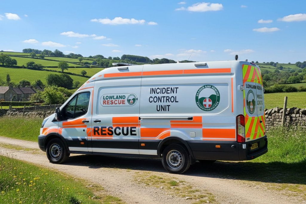 A search and rescue van parked up in the countryside. It has a large RESCUE sign along the side with the the message " lowland Rescue incident control unit"