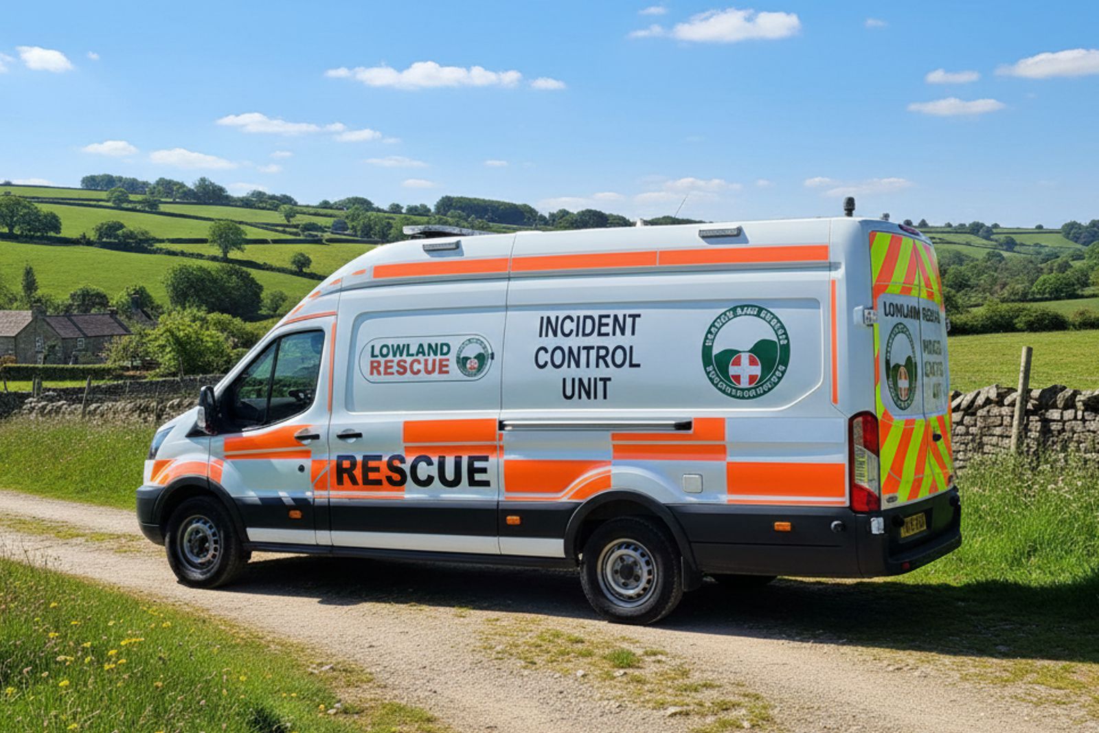 A search and rescue van parked up in the countryside. It has a large RESCUE sign along the side with the the message " lowland Rescue incident control unit"