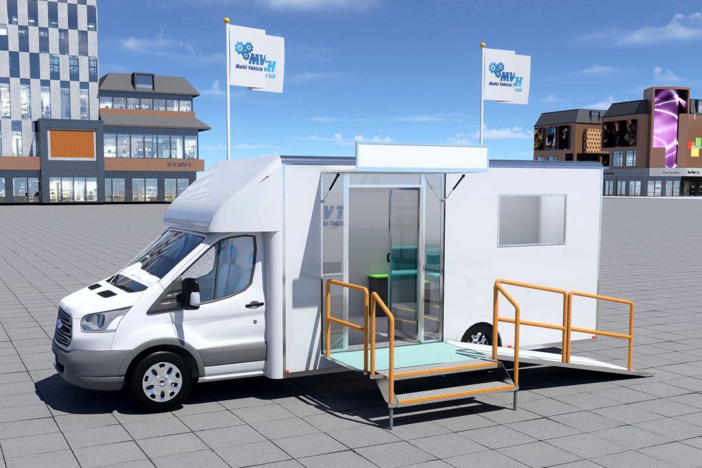 Exterior view of an exhibition roadshow vehicle showing steps and access ramp with yellow handrails