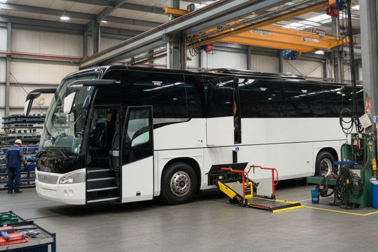 A coach inside of the factory being fitted with a passenger lift to comply with PSVAR regulations