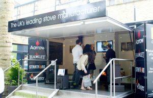 This is a close-up photo showing the wide open entrance of a 7 metre product demonstration trailer, in which a range of wood-burning stoves are on display. A number of people are on board looking at a video screen.