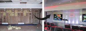A before an after photo of the interior of an exhibition trailer showing on the left an interior wall being rebuilt and on the right a photo of the finished job. This shows a bright white wall with a lectern and seating in front for an audience.