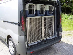 dog kennels and small dog transport boxes in the rear of a medium-wheelbase van