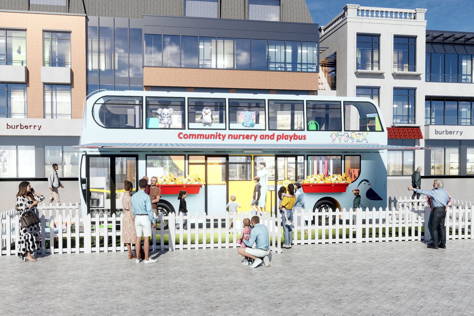 Visual design showing a double-deck bus fitted out as a nursery and playbus