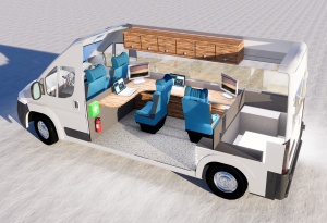 A cutaway drawing of a van fitted out with a desk and storage compartment